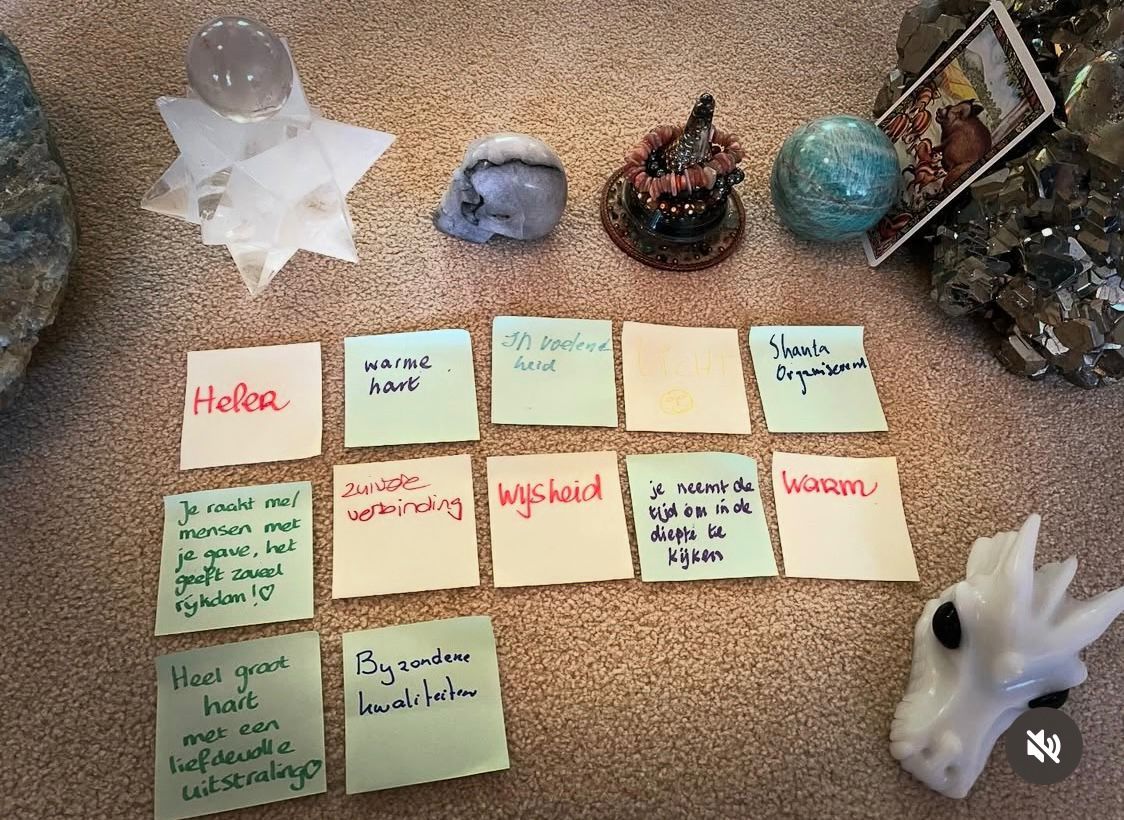 Foto van post-its met woorden als heler, warme hart, wijsheid en Shanta bruist ervan, neergelegd tussen kristallen.